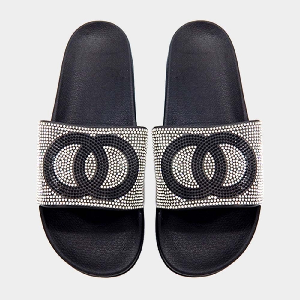 Double Open Circle Link Rhinestone Slide Sandal Slippers